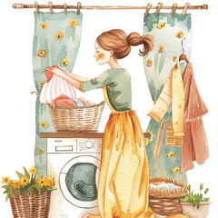 Watercolor illustration of a mother doing laundry for her family, mother's day graphics, relationship between mother and children