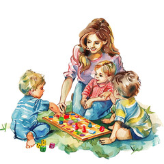 Watercolor illustration of a mother and playing boardgames with her children, mother's day graphics, relationship between mother and children