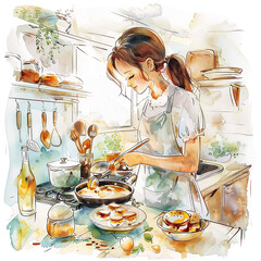 Watercolor illustration of a mother preparing food for her family, mother's day graphics, relationship between mother and children