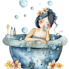 Watercolor illustration of a mother taking time for herself, relaxing in the bathtub, mother's day graphics, relationship between mother and children