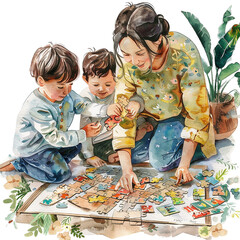 Watercolor illustration of a mother enjoying a board game with her sons, mother's day graphics, relationship between mother and children
