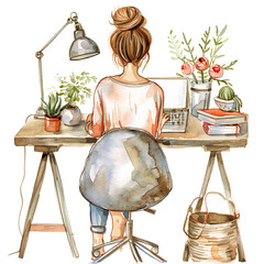 Watercolor illustration of a mother working from home, mother's day graphics, relationship between mother and children