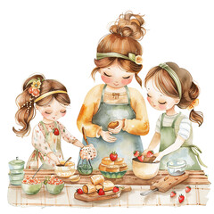 Watercolor illustration of a mother baking with her children, mother's day graphics, relationship between mother and children