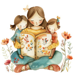 Watercolor illustration of a mother reading a book with her daughters, mother's day graphics, relationship between mother and children