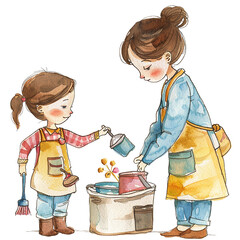 Watercolor illustration of a mother and daughter helping each other in the garden.  Mother's day graphics, relationship between mother and children