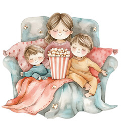 Watercolor illustration of a mother and children sharing popcorn in the sofa. Mother's day graphics, relationship between mother and children