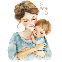 Watercolor illustration of a mother and her baby. Mother's day graphics, relationship between mother and children