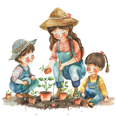 Watercolor illustration of a mother and her children planting flowers in the garden. Mother's day graphics, relationship between mother and children