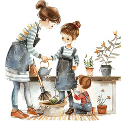Watercolor illustration of a mother and kids cleaning inside the house  Mother's day graphics, relationship between mother and child