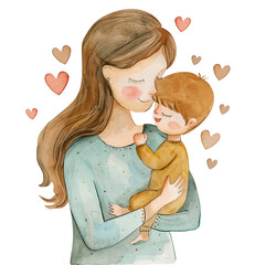 Watercolor illustration of a sweet moment between mother and child, surrounded by hearts. Mother's day graphics, relationship between mother and child
