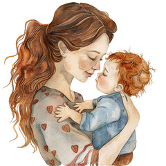 Close up, watercolor illustration of a bonding moment between mother and child. Mother's day graphics, relationship between mother and child