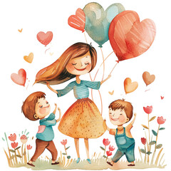 Watercolor illustration of a mother and kids playing with balloons, happy moment, mother's day graphics