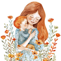 Watercolor illustration of a mother and son surrounded by flowers. Mother's day graphics, relationship between mother and child