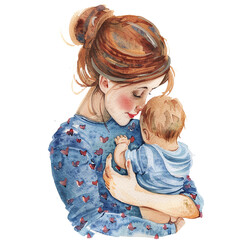 Watercolor illustration of a bonding moment between mother and child. Mother's day graphics, relationship between mother and child