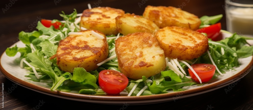 Poster a plate on a table holds a delicious meal consisting of cooked potatoes and ripe tomatoes, creating 