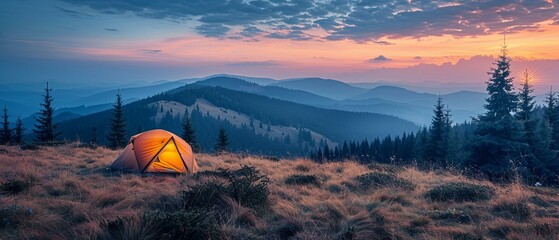 Camping tranquility, Carpathian mountain backdrop, dusk fire glow - obrazy, fototapety, plakaty
