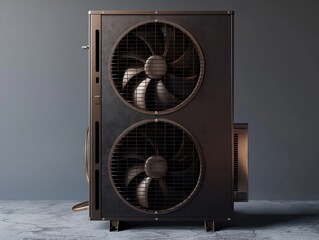 a vertical heat pump with 2 fans, in the style of photorealist details, dark skyblue and bronze - obrazy, fototapety, plakaty