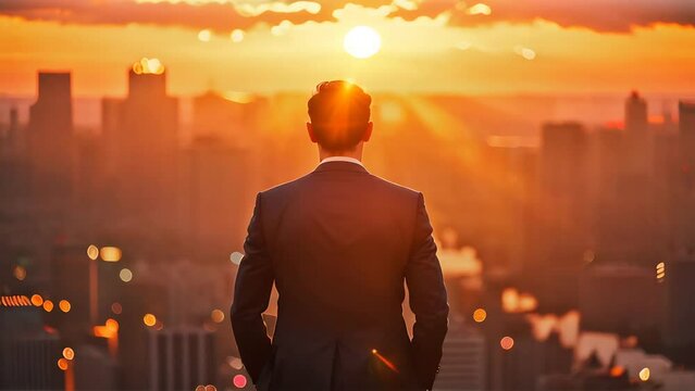 Silhouette of a businessman looking at the big city during sunset with dramatic sky. Vision and mission concept.