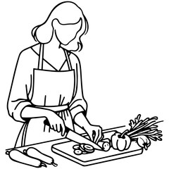 Woman Cooking at Home Sketch Drawing.
