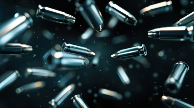 3d metal bullets flying on dark background super realistic