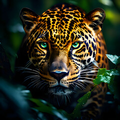 Jaguar stalking in the jungle brush