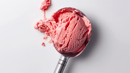 A top-down view of a scoop of strawberry gelato in an ice cream scooper, set against a white background.