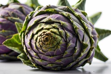Obraz premium green and purple artichoke close view on the white background