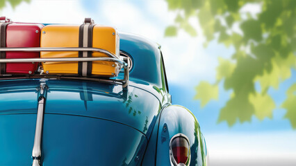 Classical Blue Car With Luggage Strapped to the Back Rack, Copy-Space, Adventure