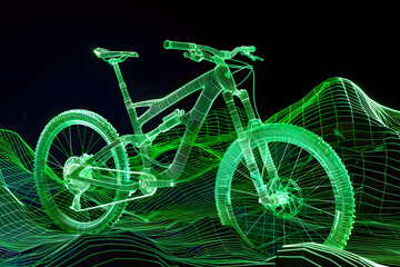 Neon wireframe mountain bike twisting through a neon landscape isolated on black background.