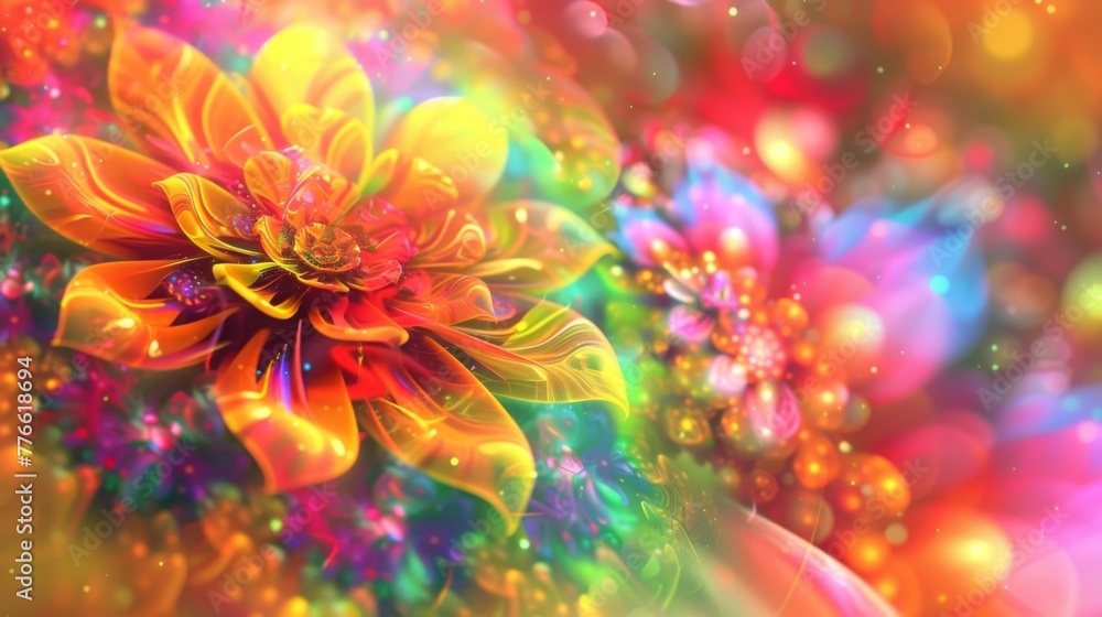 Poster psychedelic flower patterns exploding in a vibrant display of rainbow colors.