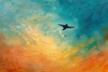 Abstract painting of bird soaring through pastel colored sky with wispy clouds, modern art