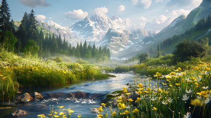 tranquility of a mountain valley bathed in golden afternoon light - obrazy, fototapety, plakaty