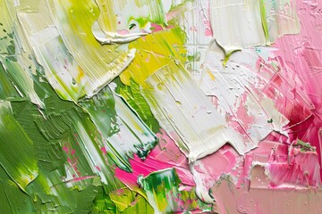 Abstract oil painting background with rough brushstrokes and palette knife texture in vibrant green, pink, and white