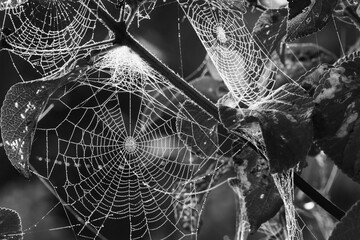 Spiderwebs black and white monochrome macro closeup in garden morning light