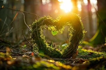 Romantic heart made of moss and twigs illuminated by sunlight in enchanted forest, nature photography