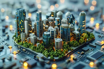 A motherboard transforming into an Art Deco cityscape, the game of progress played out in silicon.