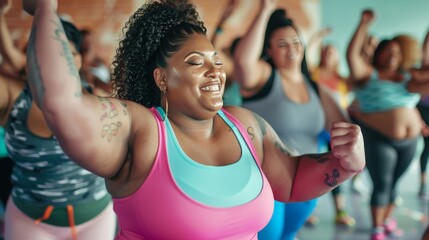 a group of fat women energetically engaged in a dance fitness class, their movements full of...