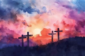 Three wooden crosses silhouetted against a dramatic sunset sky on Golgotha hill, watercolor concept illustration