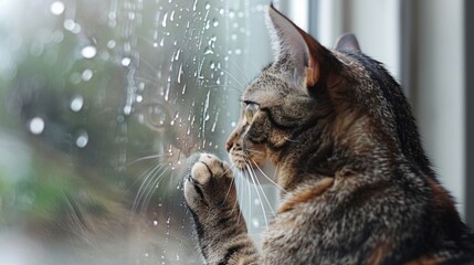 Tabby Cat Looking Out Rainy Window