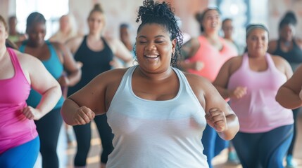 a group of fat women energetically engaged in a dance fitness class, their movements full of...