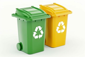 Bright green and yellow recycle bin icon on white background, 3D illustration