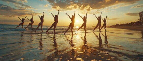 a dynamic yoga session at sunrise, where a group of young women perform synchronized poses on a serene beach, reflecting harmony between body, mind, and nature.