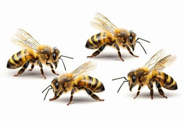 Realistic vector illustration of small striped bees with transparent wings, side view, isolated on white