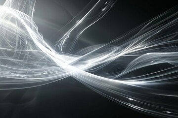 Glowing white light streaks and curves on black background, abstract motion graphics