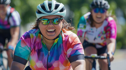 The exuberance of fat women participating in a cycling event, their smiles wide as they pedal through scenic routes, highlighting the exhilaration of speed, wind in their hair