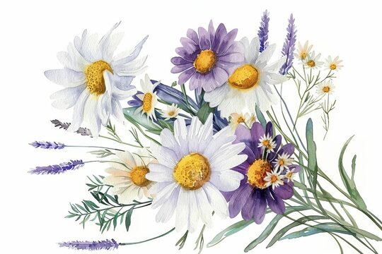 Delicate watercolor painting of daisy, tansy, chamomile and stellaria flowers in a bouquet, isolated on white