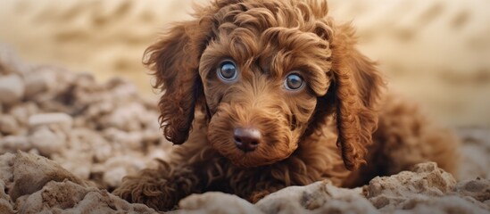 Resting peacefully on a soft, comfortable bed, the brown dog with striking blue eyes looks content...