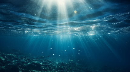 Sun Rays Illuminating Shoal of Fish Underwater - obrazy, fototapety, plakaty