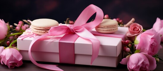 Pink roses and macaroons are elegantly arranged on top of a pristine white gift box, creating a lovely and charming display