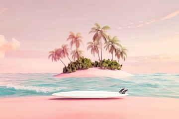 Minimal Surfboard on Summer Pink Beach with Tropical Island, Vacation Concept 3D Rendering